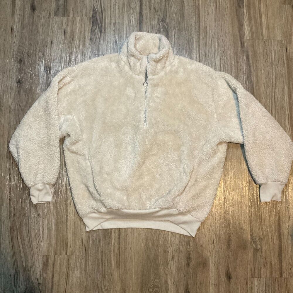 Express One Eleven Womens Beige 1/4 Zip Sherpa Fleece Pullover Size Small‎